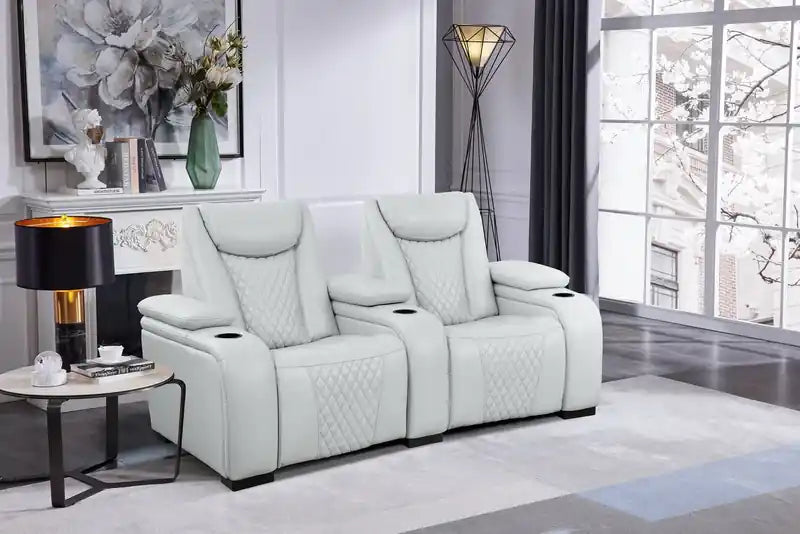 79.6 Leather-Look Fabric Power Reclining Home Theatre Seating with Two Seats - Cosmic Fog Grey