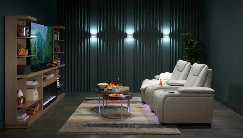 79.6 Leather-Look Fabric Power Reclining Home Theatre Seating with Two Seats - Cosmic Fog Grey
