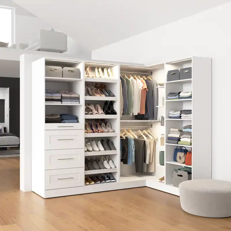 85 Modular L-Shaped Walk-In Closet System with LED Lights, Rods, Drawers and Shoe S