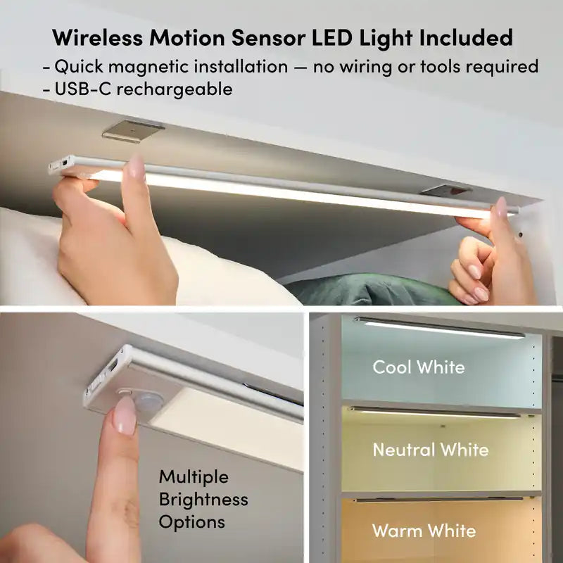 85 Modular L-Shaped Walk-In Closet System with LED Lights, Rods, Drawers and Shoe S