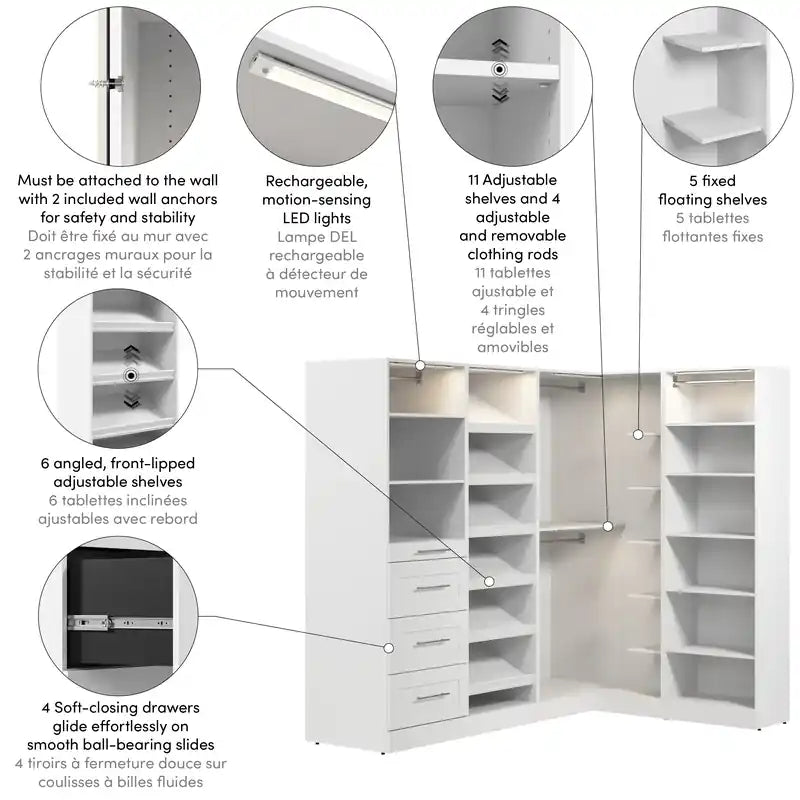 85 Modular L-Shaped Walk-In Closet System with LED Lights, Rods, Drawers and Shoe S