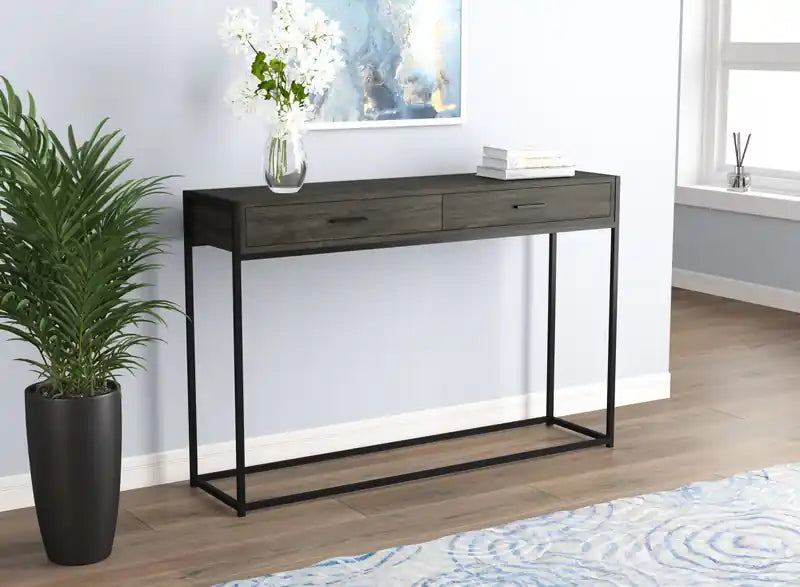 48 Modern Console Table With 2 Drawers - Dark Grey Wood With Black Metal