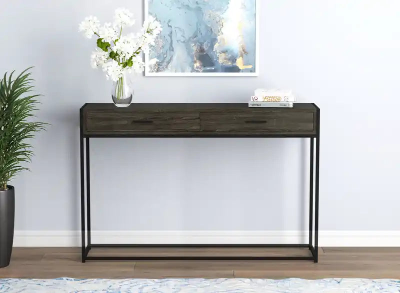 48 Modern Console Table With 2 Drawers - Dark Grey Wood With Black Metal