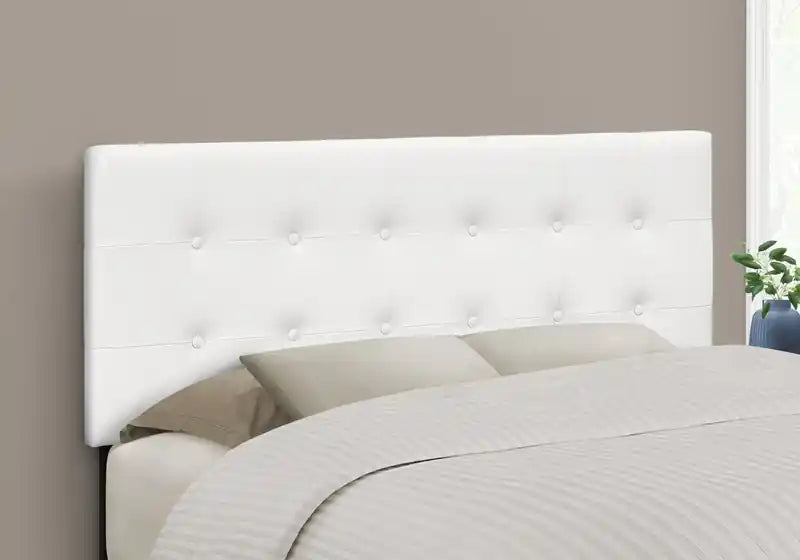 Upholstered Headboard in White Vegan Leather Fabric, Button Tufted