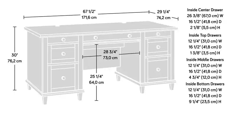 67.56 Commercial Grade Executive Office Desk with 7-Drawers - Chalk Oak