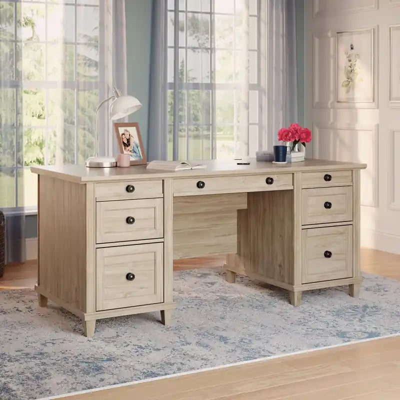 67.56 Commercial Grade Executive Office Desk with 7-Drawers - Chalk Oak
