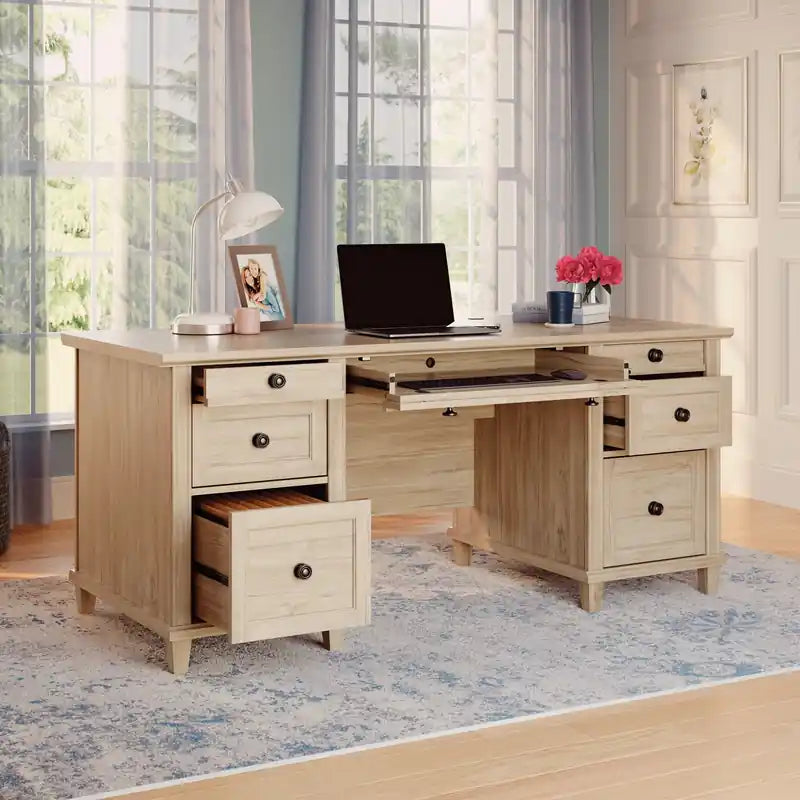 67.56 Commercial Grade Executive Office Desk with 7-Drawers - Chalk Oak