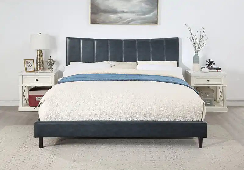 Platform Bed in Navy Vegan-Leather Fabric
