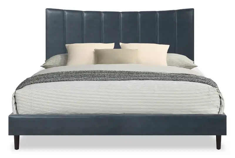 Platform Bed in Navy Vegan-Leather Fabric