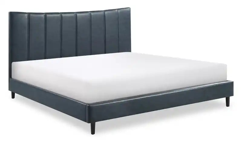 Platform Bed in Navy Vegan-Leather Fabric