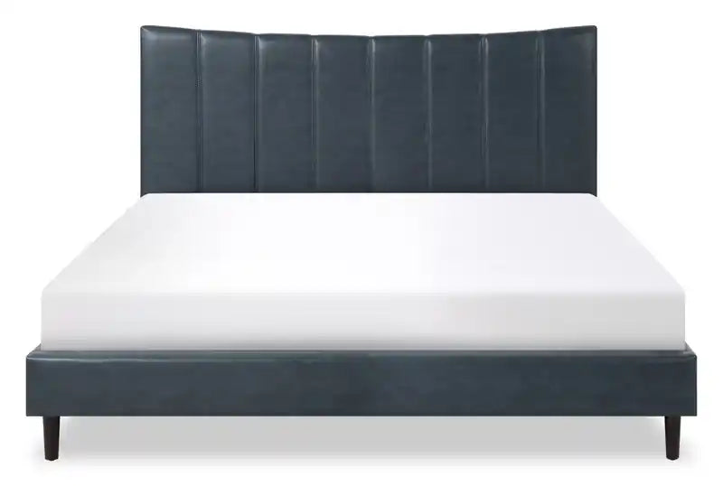 Platform Bed in Navy Vegan-Leather Fabric