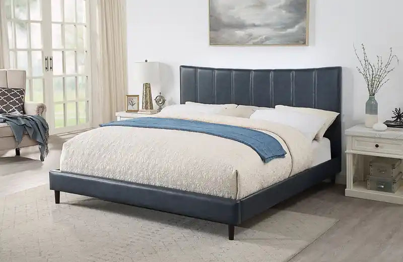 Platform Bed in Navy Vegan-Leather Fabric