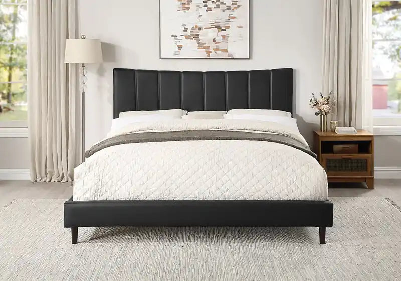 Platform Bed in Navy Vegan-Leather Fabric