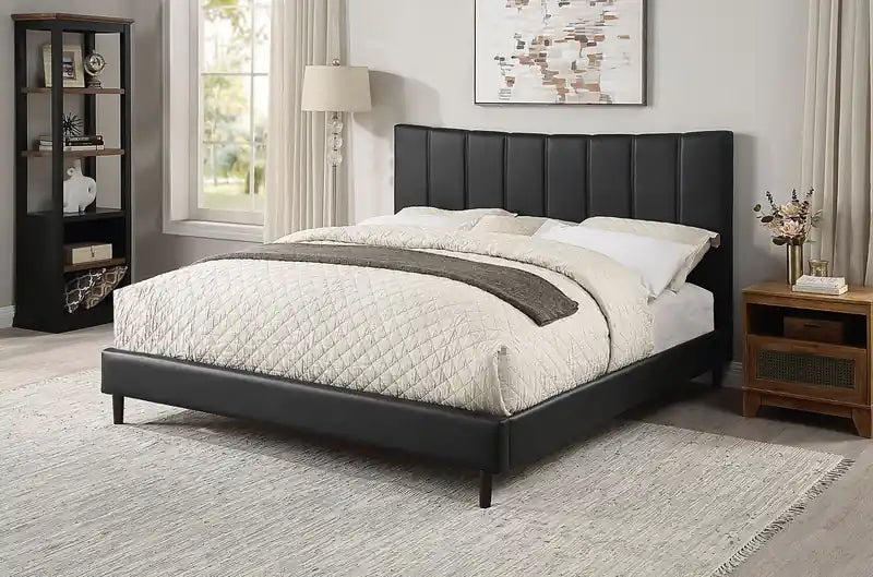 Platform Bed in Navy Vegan-Leather Fabric