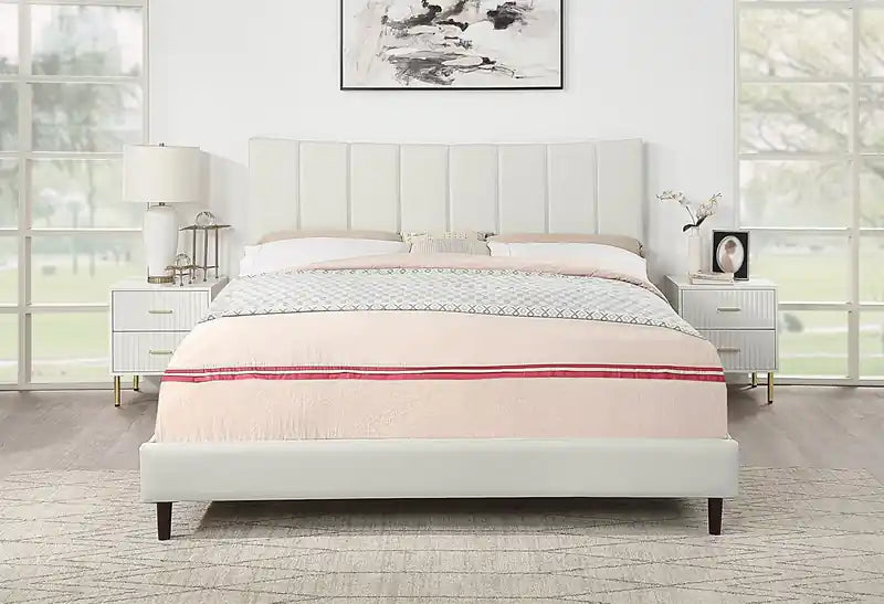Platform Bed in Navy Vegan-Leather Fabric