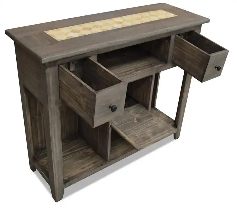 43.25 Rustic Sofa Table with Storage and Shelf - Grey Pine with Marble Inset
