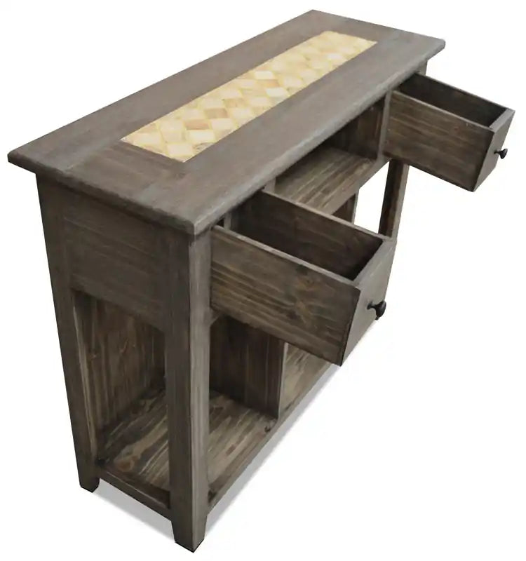 43.25 Rustic Sofa Table with Storage and Shelf - Grey Pine with Marble Inset