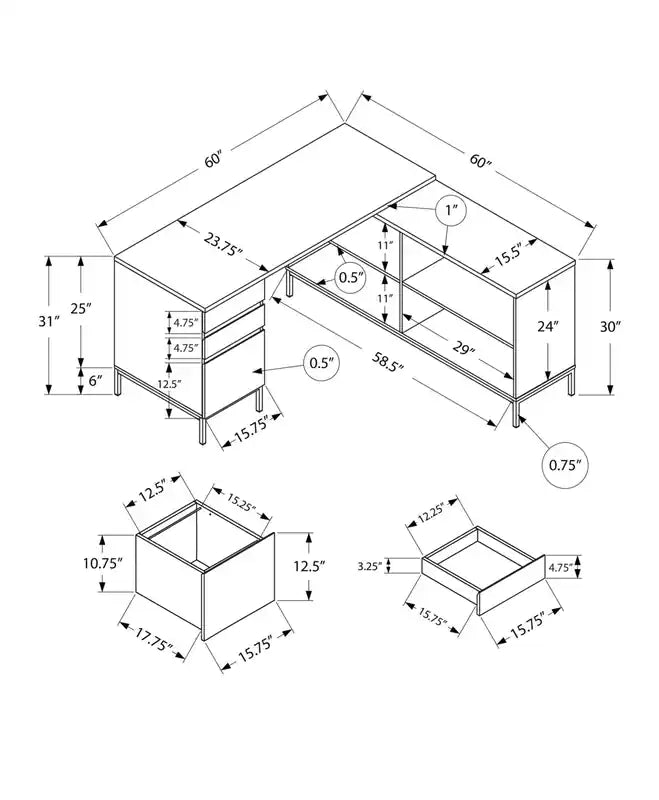 60 L-Shaped Office Desk with 3-Drawers & 4 Cubbies